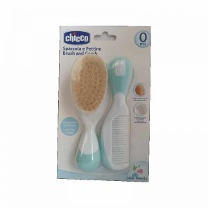 Hair brush with natural bristles and comb, light turquoise, Chicco