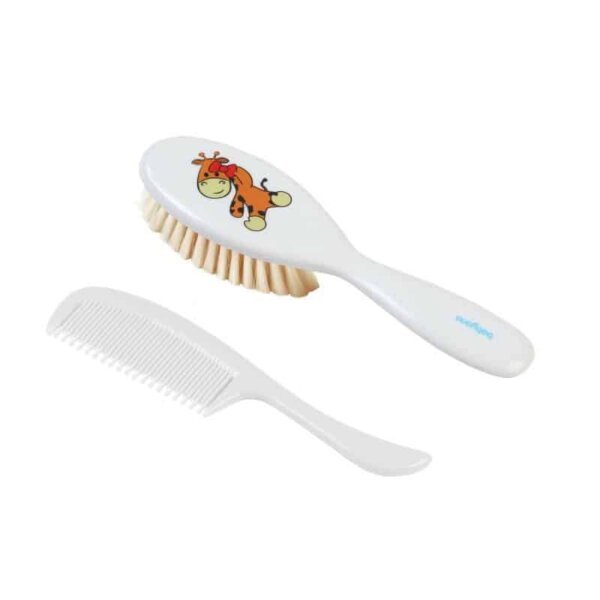 Hair brush with natural bristles and comb, white, with giraffe design, BabyOno