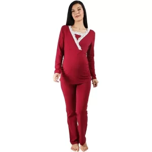 Pijama gravide pentru sarcina si alaptare din bumbac, cu maneca lunga, de culoare rosu bordeaux