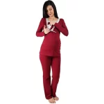 Pijama gravide pentru sarcina si alaptare din bumbac, cu maneca lunga, de culoare rosu bordeaux