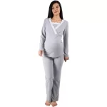 Pijama gravide pentru sarcina si alaptare (maternitate) din bumbac, cu maneca lunga, de culoare gri