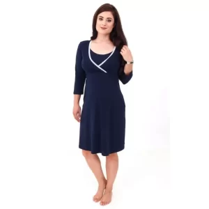 Maternity nightgown for pregnancy and breastfeeding, cotton, long sleeve, navy blue colour