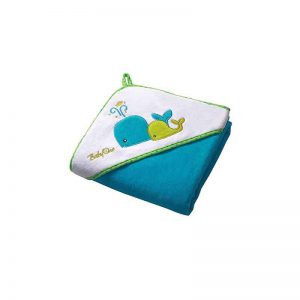 Baby hooded towel, turquoise blue, with whale embroidery, 76x76cm, BabyOno