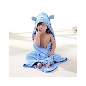 Baby hooded towel, light blue, with teddy bear embroidery, 90x90cm