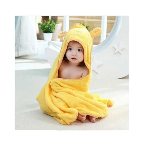 Baby hooded towel, bright yellow, with teddy bear embroidery, 90x90cm
