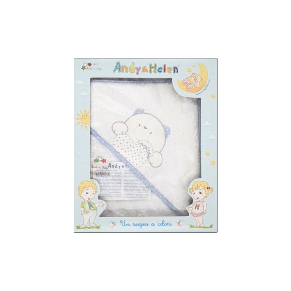 Baby hooded towel, white with light blue border, with teddy bear embroidery, 75x75cm, Andy&Helen