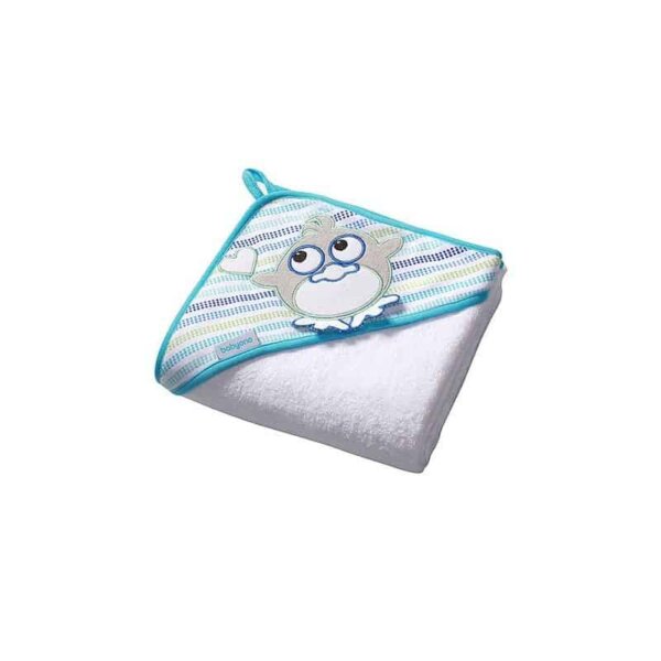 Baby hooded towel, white with blue border, with monkey embroidery, BabyOno