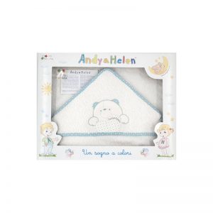Baby hooded towel, white with turquoise blue border, with teddy bear embroidery, 75x75cm, Andy&Helen