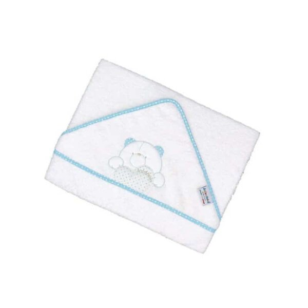 Baby hooded towel, white with turquoise blue border, with teddy bear embroidery, 75x75cm, Andy&Helen