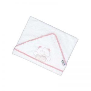 Prosop cu capison (gluga) pentru bebelusi, de culoare alba cu bordura roz, cu broderie ursulet, 75x75cm, Andy&Helen
