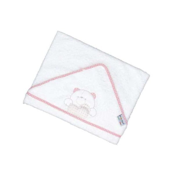 Baby hooded towel, white with pink border, with teddy bear embroidery, 75x75cm, Andy&Helen