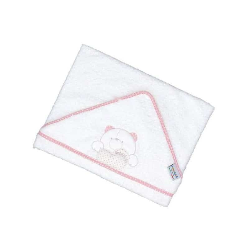Baby hooded towel, white with pink border, with teddy bear embroidery, 75x75cm, Andy&Helen