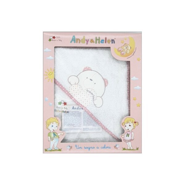 Baby hooded towel, white with pink border, with teddy bear embroidery, 75x75cm, Andy&Helen