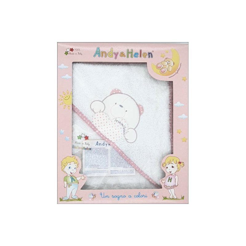 Baby hooded towel, white with pink border, with teddy bear embroidery, 75x75cm, Andy&Helen