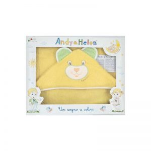 Baby hooded towel, yellow, with teddy bear embroidery, 75x75cm, Andy&Helen