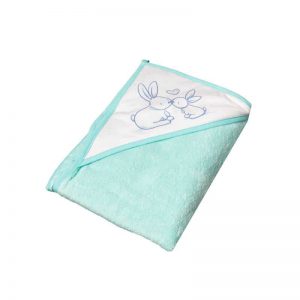 Light turquoise baby hooded towel with bunny design, 100x100cm, Tega Baby