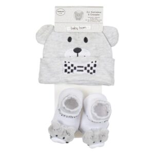 Newborn baby set, grey cap and socks with teddy bear
