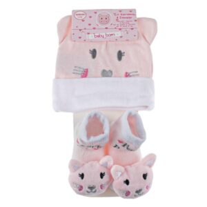 Newborn baby set, pink cap and socks with kitten